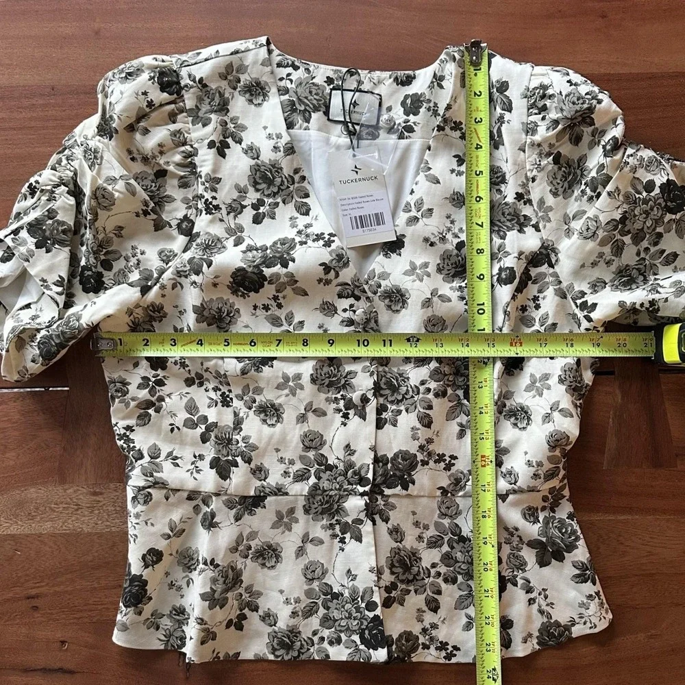 Tuckernuck Black and Cream Floral Puff-Sleeve Blouse